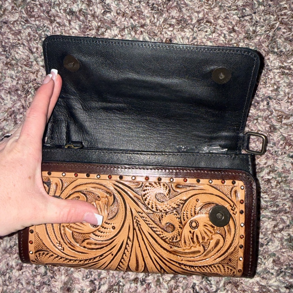 Brown Tooled Leather Satchel with Playing Card Motif - Women's Satchel - Picture 5 of 7